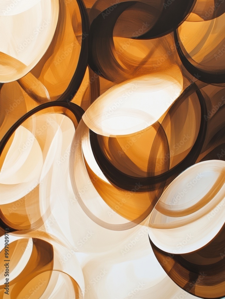 Poster an abstract composition features overlapping coffee cup rings in various brown shades, creating a ca
