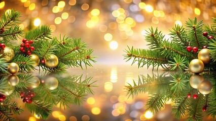 festive holiday backdrop with reflected christmas tree branches