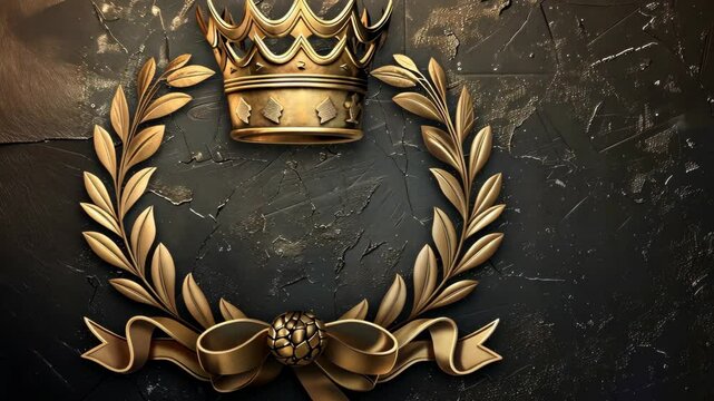 A golden crown sits atop a laurel wreath on a black background
