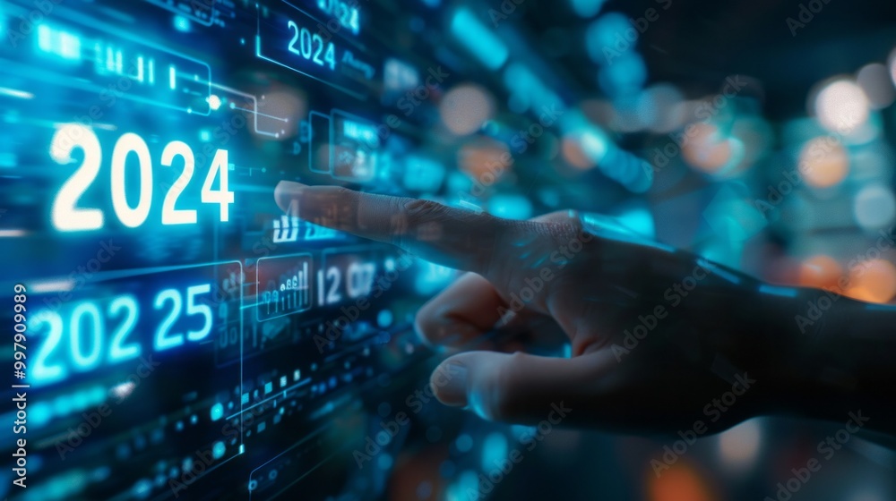 Poster A person is pointing at the year 2024 on a computer screen