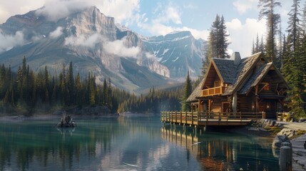 Lodge Resort. Alpine Cabin at Emerald Lake in Canadian Mountains