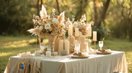 Elegant Outdoor Wedding Table Setting with Candles and Flowers
