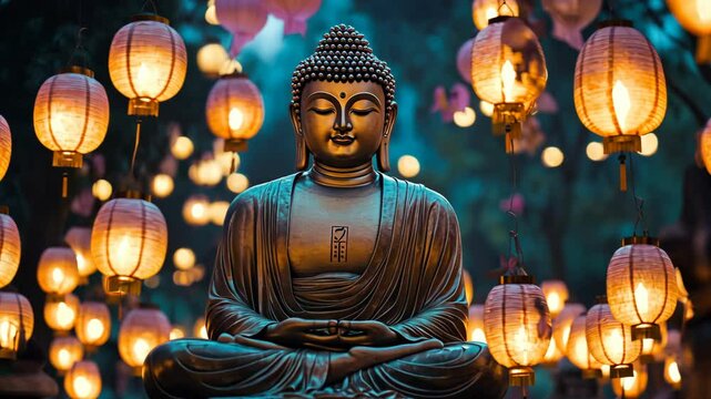 A bronze Buddha statue sits in meditation surrounded by glowing lanterns at a temple