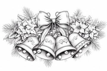 Detailed black and white drawing of christmas bells for greeting cards, coloring books, decorations, and other projects