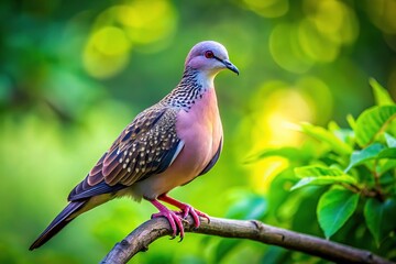Graceful Spotted Dove Perched on a Branch Against a Soft Blur of Green Foliage Background