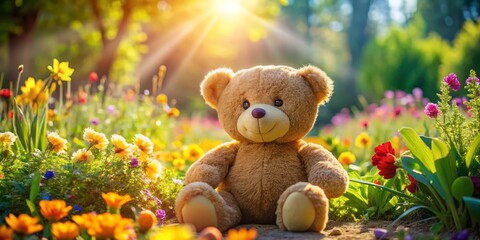 Fototapeta premium A charming bear plush toy nestled in a vibrant garden, surrounded by blooming flowers and basking in the