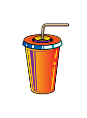 Fast food plastic cup with straw. Hot or cold drink. Original vector illustration in vintage style.