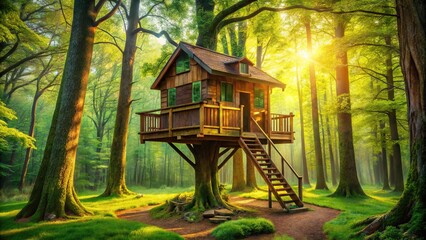 Naklejka premium Imaginative Tree House Drawing in a Lush Green Forest Setting for Kids and Nature Lovers