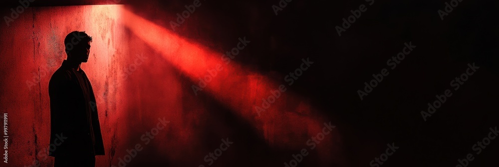 Poster a dark room emphasizes a shadowy figure caught in a spotlight, surrounded by intense black and red h
