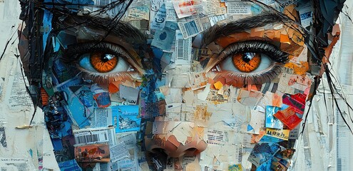 A close-up of an eye created from a collage of paper scraps.