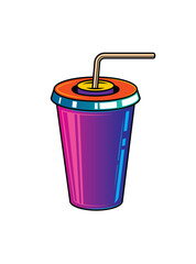 Fast food plastic cup with straw. Hot or cold drink. Original vector illustration in vintage style.