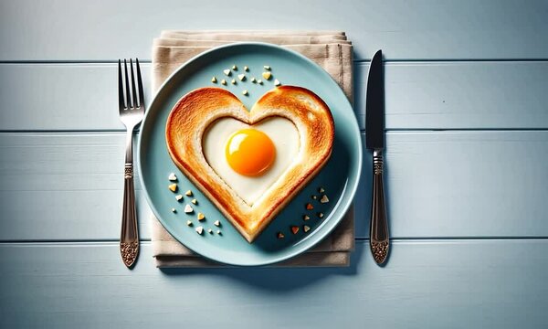&OElig;uf au plat en forme de c&oelig;ur dans une assiette bleue avec des couverts autour, pos&eacute; sur un fond en bois bleu, Saint Valentin gourmande