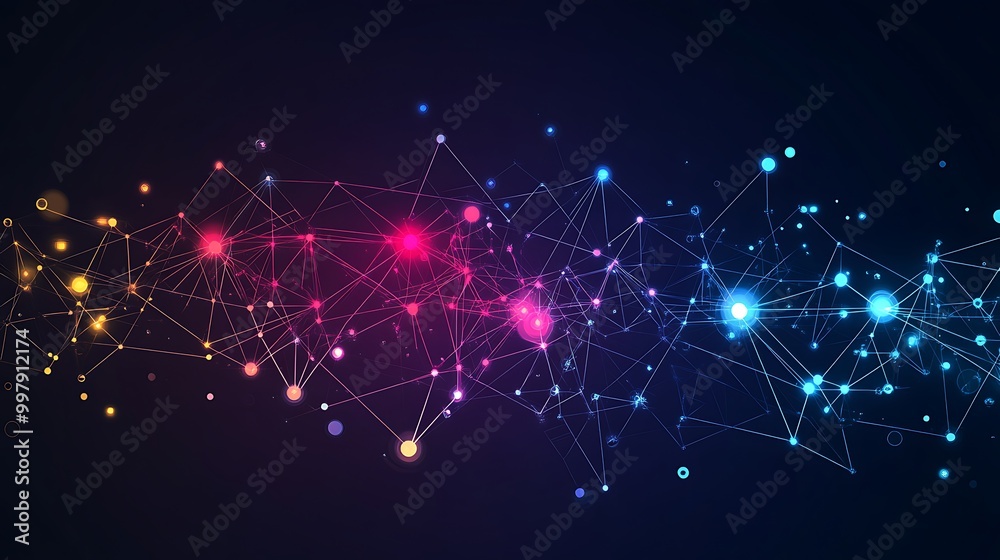 Aufkleber Abstract digital network with glowing nodes and lines on dark background.