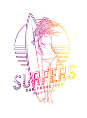A girl with a surfboard on the background of the sunset. Original vector illustration in vintage style. T-shirt Design