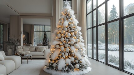 A luxurious all-white Christmas tree decorated with frosty white ornaments, fluffy feathers, and glowing clear lights,