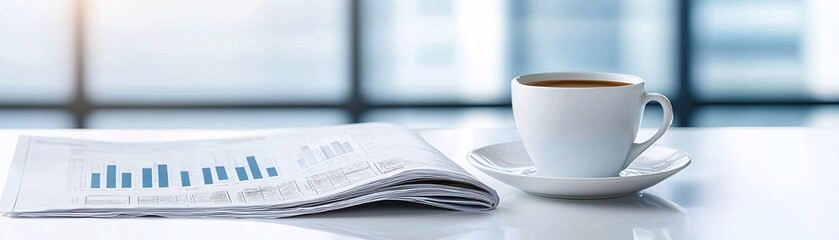 Fototapeta premium A serene office environment features a coffee cup and a financial newspaper open to the stocks section, with a specific focus on dividend announcements. The ample copy space allows for clear