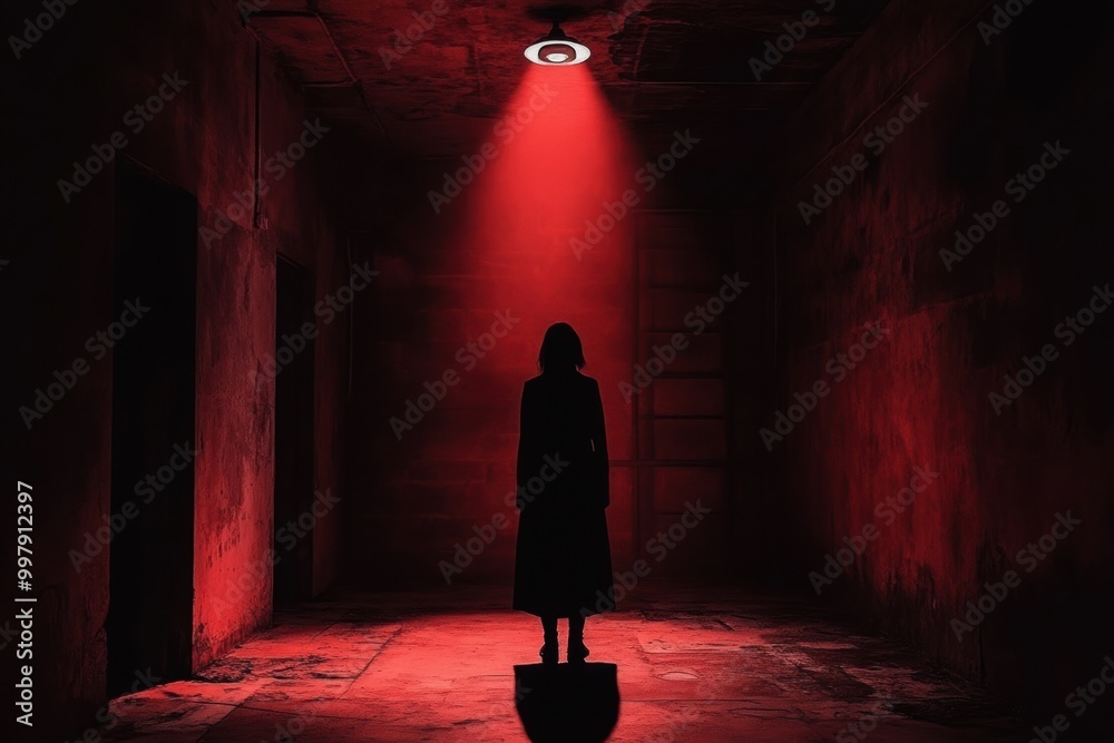 Poster in a dark room, a solitary figure is highlighted by a red spotlight, creating an atmosphere of tensi