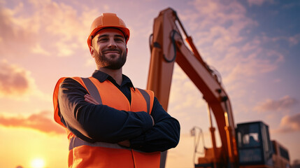 Joyful excavator operator posing confidently by a large machine, basking in the warm glow of a vibrant sunrise.
