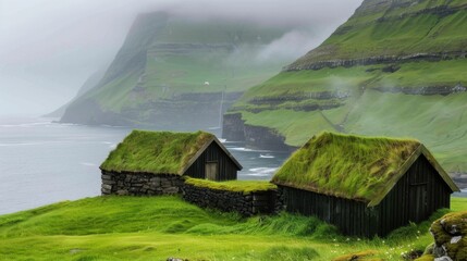 Green Roofed Houses Overlooking Misty Sea Cliffs