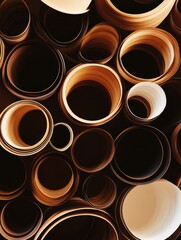 Dynamic overlapping coffee cup rings in rich brown shades form an organic, visually engaging pattern that captivates the viewer's eye. Generative AI