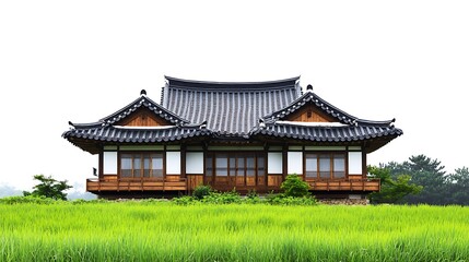 Obraz premium Traditional Korean House in a Lush Green Field