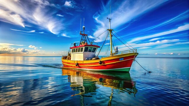 Longliner Fishing Boat at Sea with Calm Waters and Clear Blue Skies in a Peaceful Marine Environment