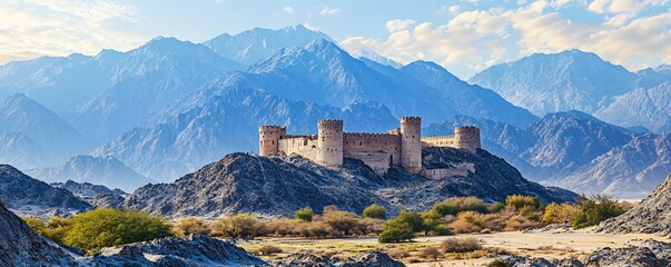 Fujairah Fort with the Hajar Mountains – A historic view of Fujairah Fort, one of the oldest forts in the UAE