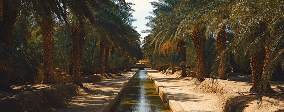Al Ain Oasis Palm Groves &ndash; A peaceful view of the Al Ain Oasis, with its dense palm groves and traditional falaj irrigation channels running through the trees