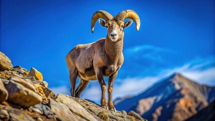 Majestic Bighorn Sheep Ram Standing Proudly on Rocky Terrain Against a Clear Blue Sky Background