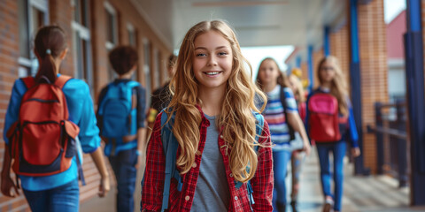 Fototapeta na wymiar Teenage girl smiling with her friends in the background walking in a school hallway