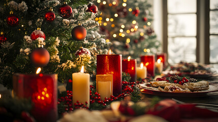 Christmas dinner table with festive decorations, candles and holiday treats, 