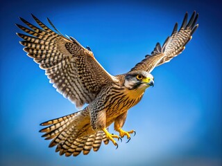 Fototapeta premium Majestic Falcon in Flight Captured Against a Clear Blue Sky Showcasing Its Stunning Features