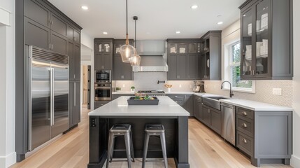 Fototapeta premium Modern Kitchen Interior with Spacious Island and Stainless Steel Appliances