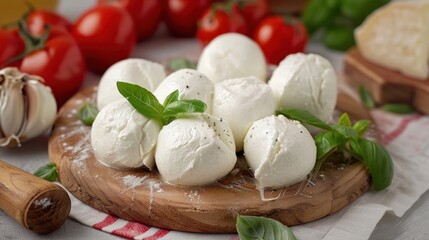Fresh Mozzarella Cheese with Juicy Tomatoes and Basil on Wooden Table