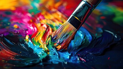 Fototapeta premium A paintbrush dipped in vibrant colors on a palette