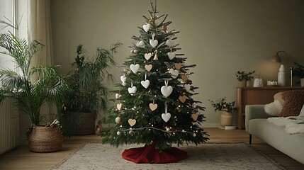 A minimalist Christmas tree decorated with white clay stars, natural wooden hearts, and simple red ribbons, standing in a Scandinavian-style living room with neutral walls, a warm wool rug,