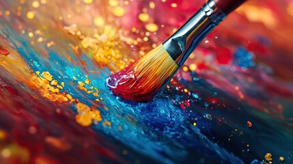 Obraz premium Paintbrush Applying Red Paint to a Colorful Canvas