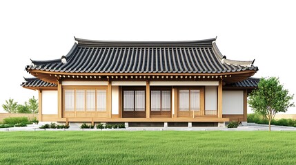 Obraz premium Traditional Korean House with Curved Roof and Green Lawn