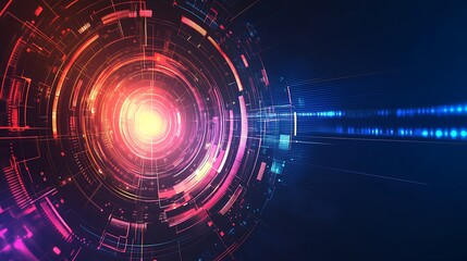 Abstract digital technology background with glowing circles and lines in red, orange, and blue colors.
