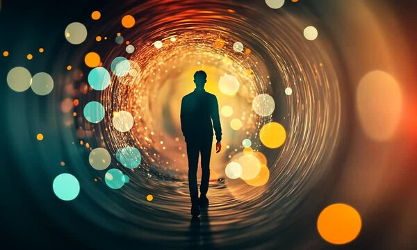 Man Walking Through a Tunnel of Light