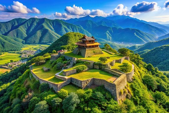 Majestic Takeda Castle Ruins in Asago Surrounded by Lush Green Mountains Under Clear Blue Sky