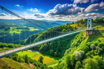 Fototapeta premium Majestic White River Suspension Bridge Spanning Across Lush Green Valley Under Clear Blue Sky