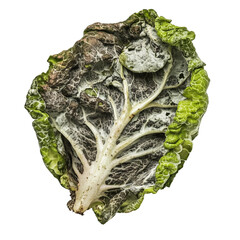 a rotten lettuce, showing detailed textures of decay and moldy surface, on isolated white background