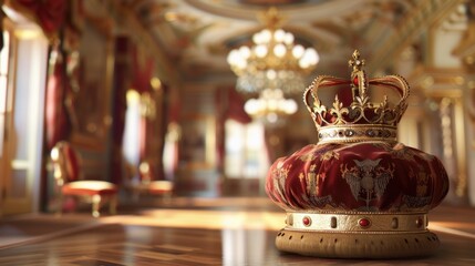 Royal Crown on Blue Velvet Cushion in Regal Interior