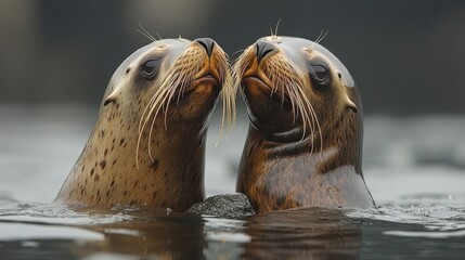 Fototapeta premium Whiskered Seals Interacting in Water