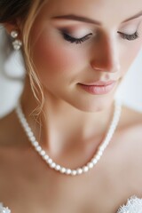A beautiful bride showcases elegance with a pearl necklace and soft makeup. This close-up portrait captures the charm and serenity of wedding day moments.