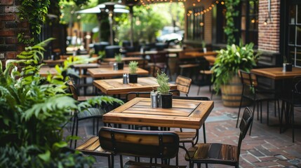 Outdoor Cafe Ambiance with Wooden Tables and Chairs