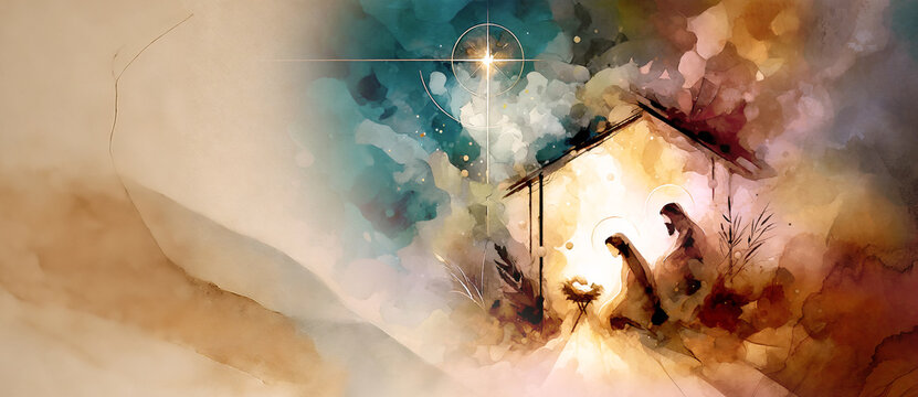 Watercolor painting representing Nativity scene in Bethlehem. Christmas scene illustration showing holy family Mary Joseph and baby Jesus in the manger. Banner Copy space