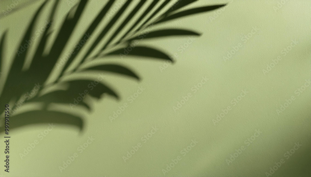 Wall mural palm leaf shadow on a green wall background. olive color stylish flat lay with trendy shadow and sun