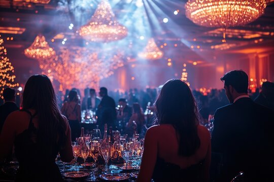 Elegant event with guests in fancy attire under chandeliers.